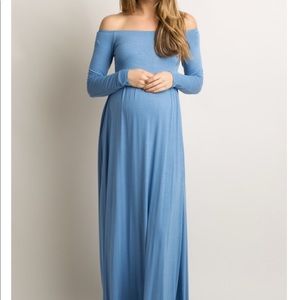 Blue Solid Off Shoulder Maternity Maxi Dress